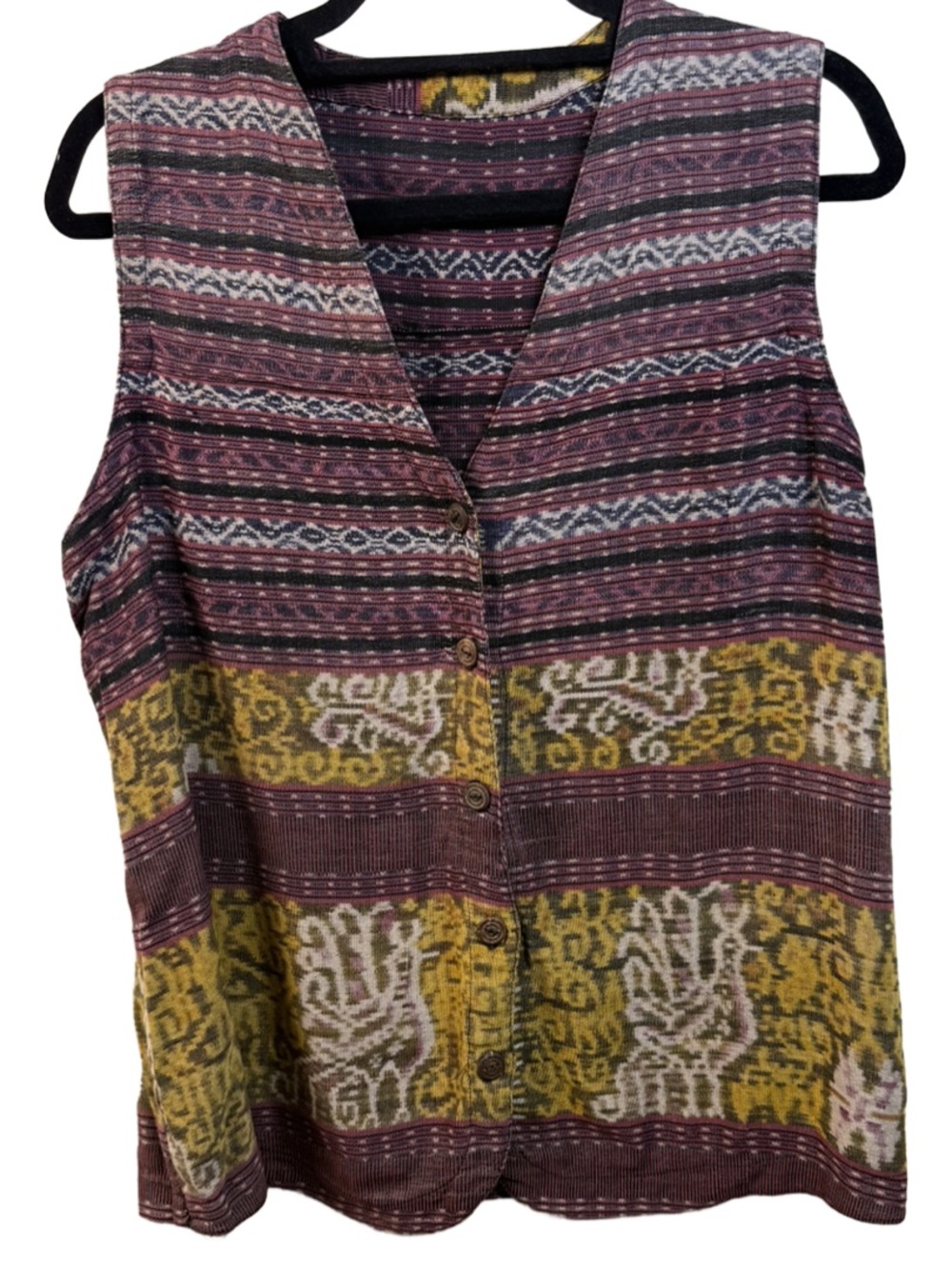 Vintage Striped & Ikat Button-Front Vest in Maroon and Mustard